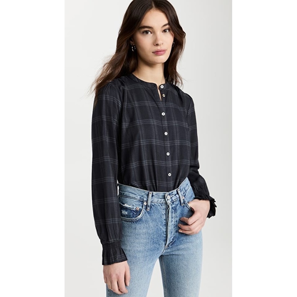 Faherty Harper Top in Aspen Black‎ Plaid Size XS Organic Cotton Casual Classic